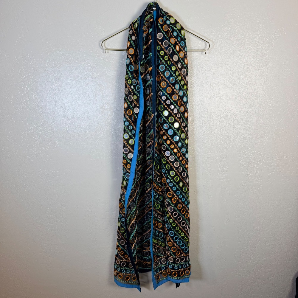 Black Embroidered Mirror Work Scarf Blue Trim Shisha Boho Long Sheer Dupatta